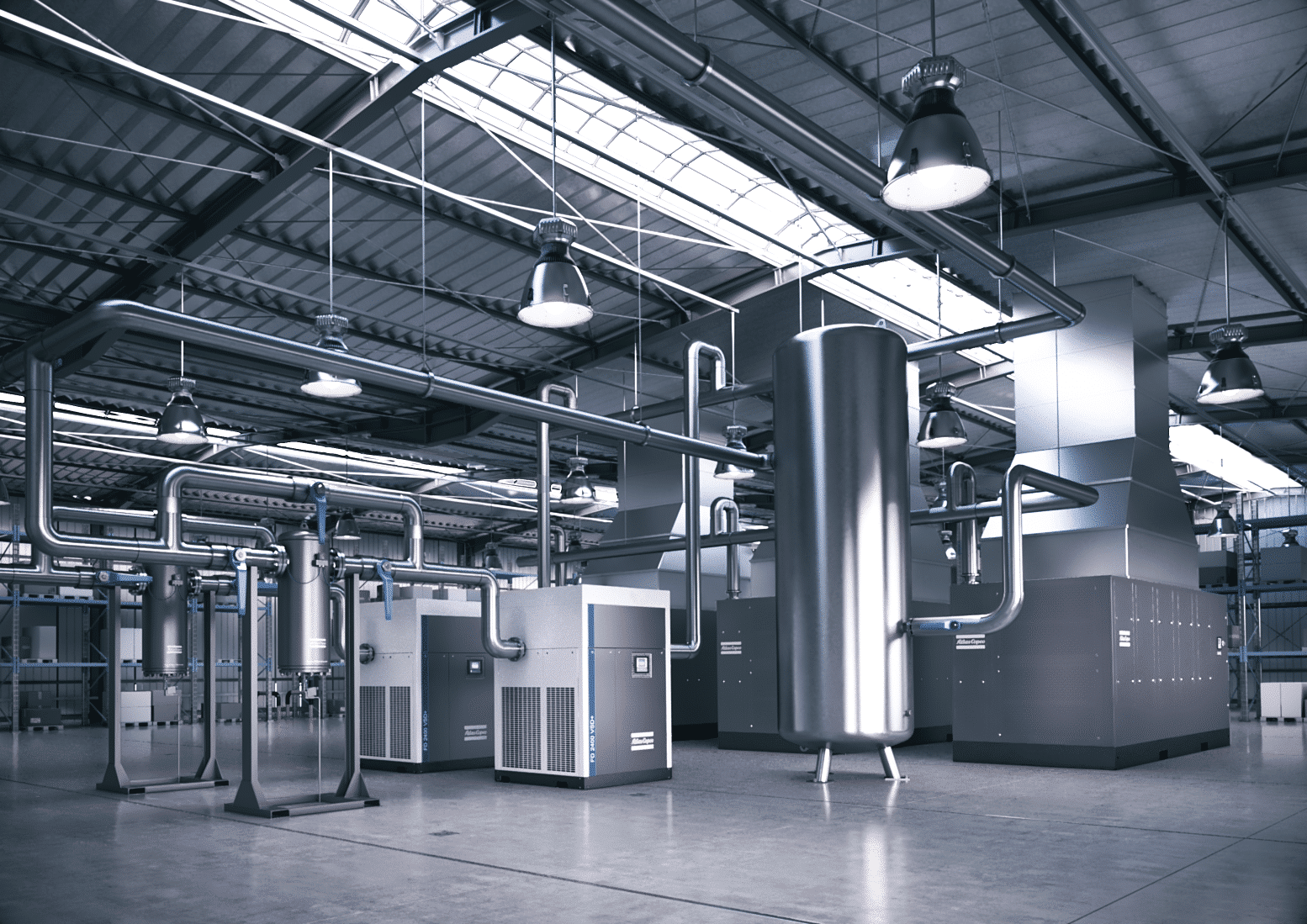 Atlas Copco compressors, dryers, filters and air receiver in a compressor house