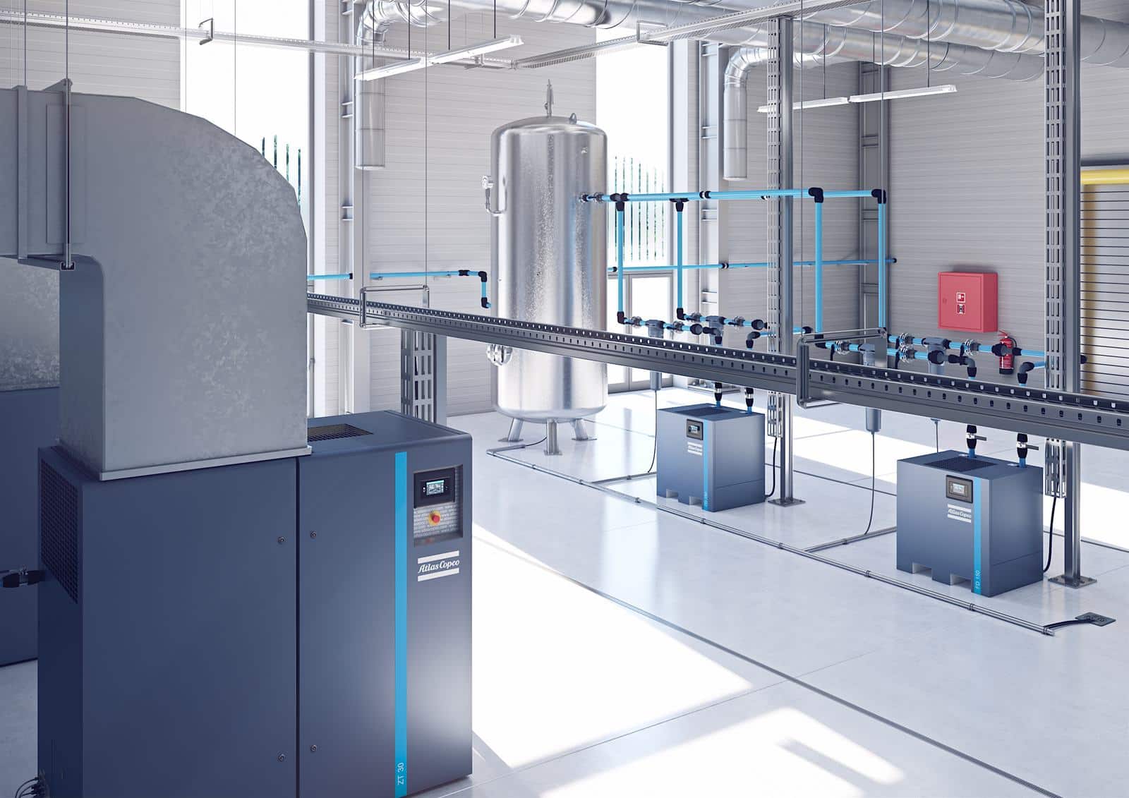 Atlas Copco compressor, dryers and air receiver in a clean plant room