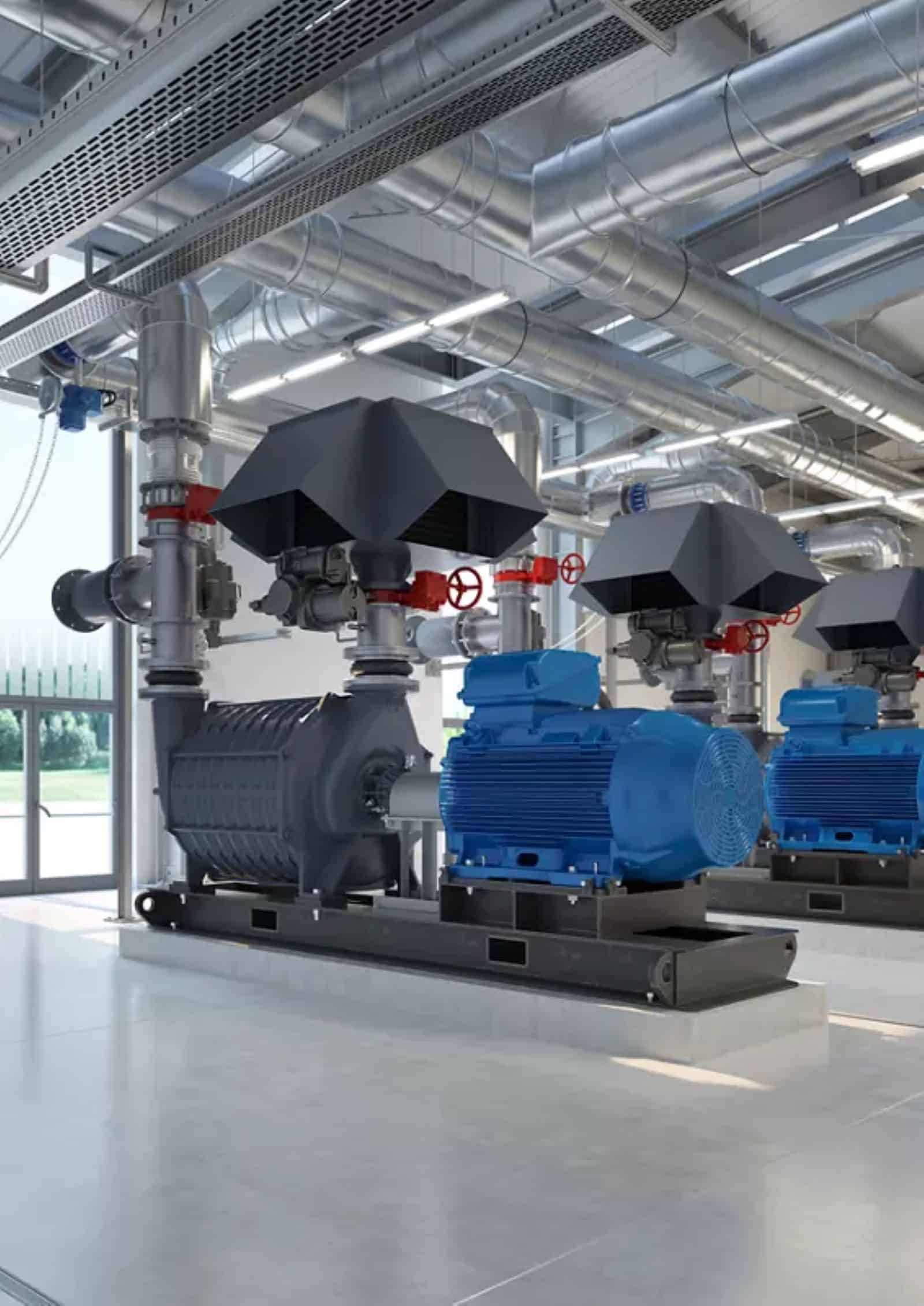 Multistage blowers with blue motors and valved pipework in a plant room