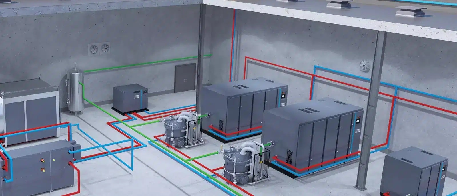 Atlas Copco compressors, dryers and air receiver in a plant room