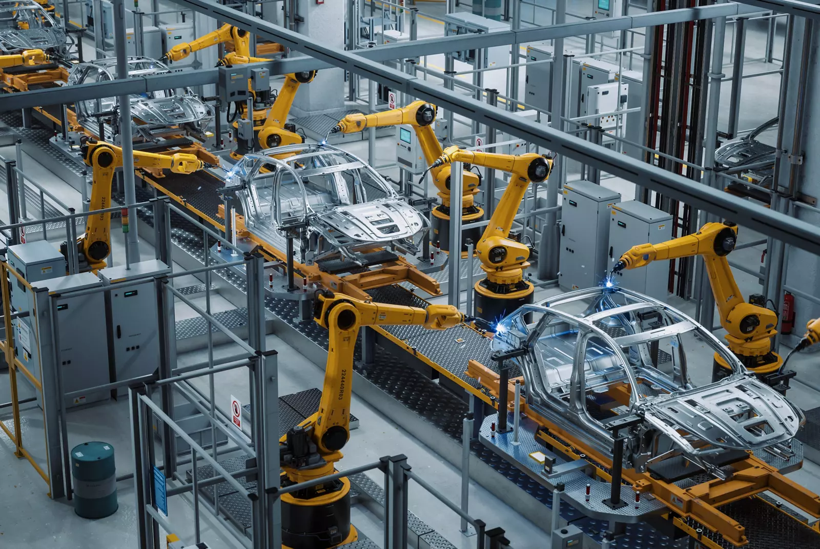 Robotic welding line on a manufacturing plant floor