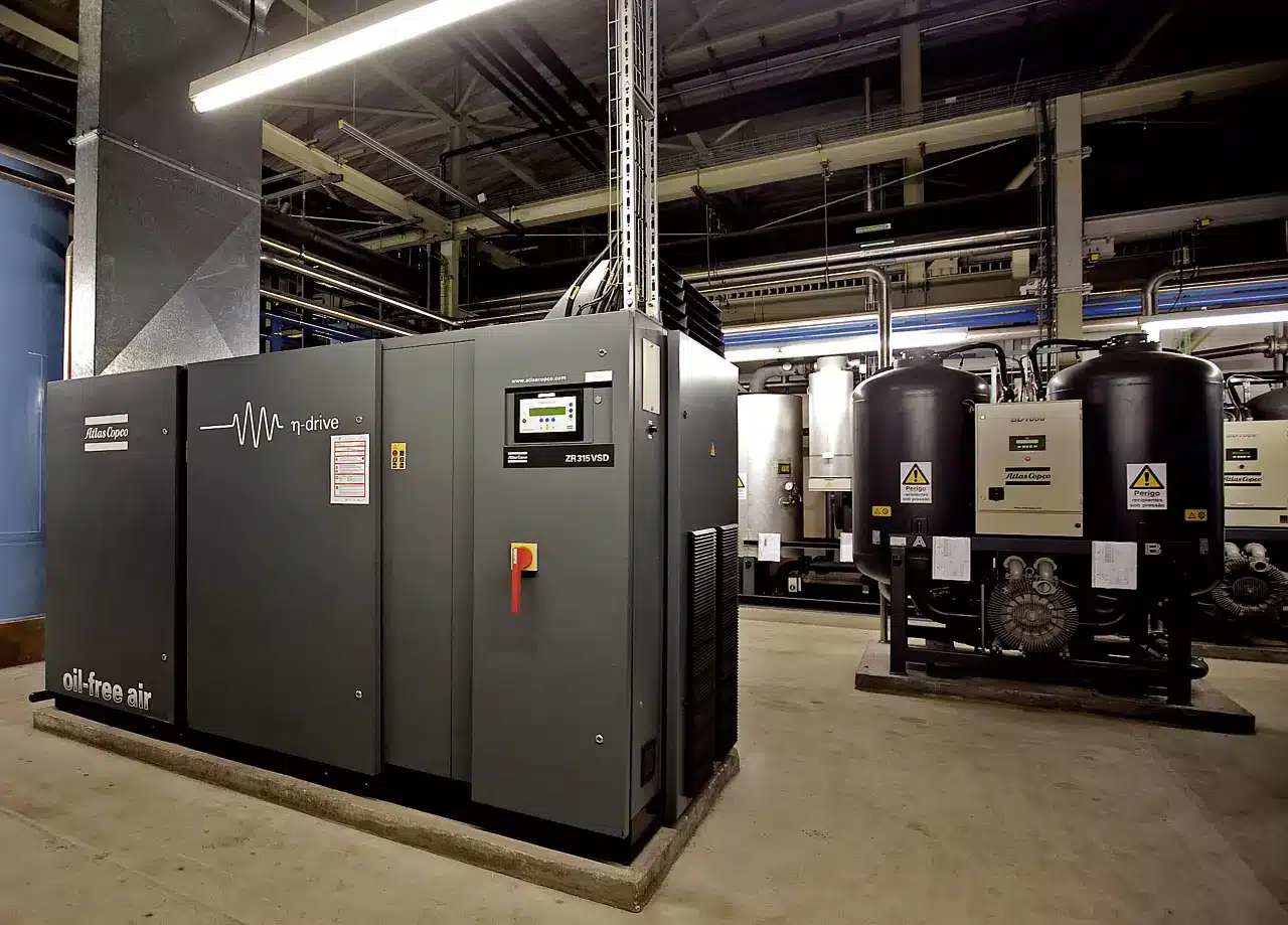 Atlas Copco ZR oil-free compressor and desiccant dryers in a plant room