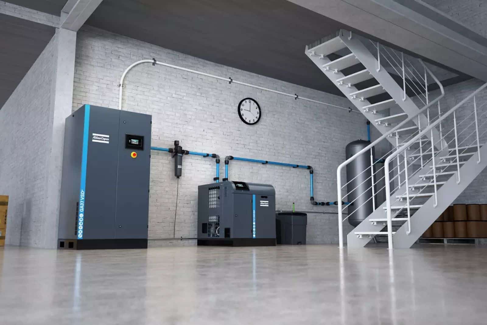 Atlas Copco compressor, dryer and air pipework in a compressor room